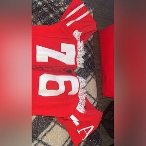 AKIRA Red and White Lace Trim Top